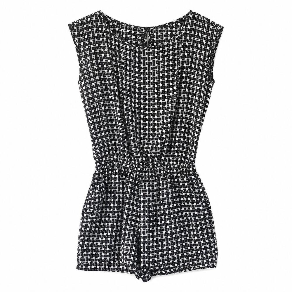 Tinley Road Black White Check Romper XS Sleeveless Zip Back Elastic Waist